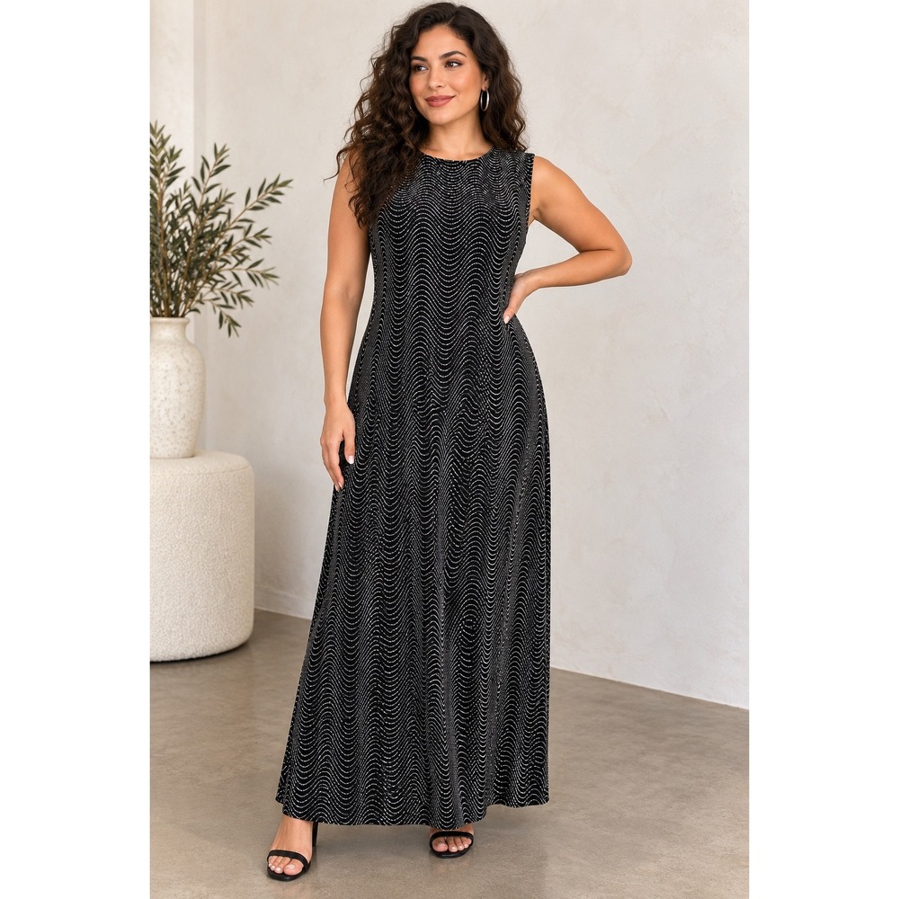 Vintage 90s Ronni Nicole Petite 10P Black Iridescent Glitter Wave Maxi Dress